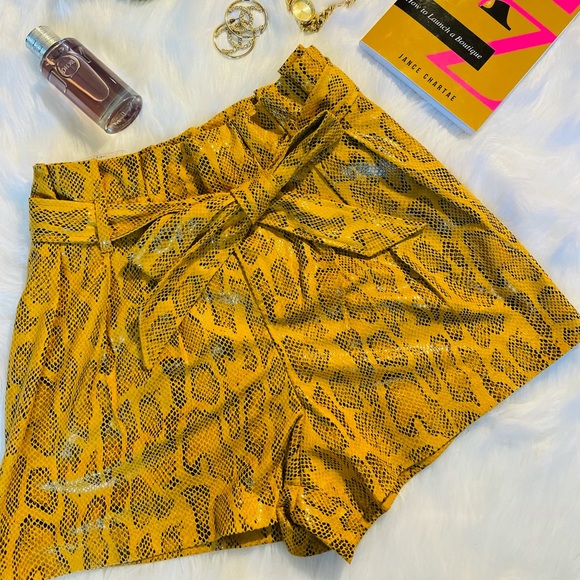 New On Trend Mustard Faux Leather Snake Skin High Waisted Paper Bag Shorts - Picture 2 of 3